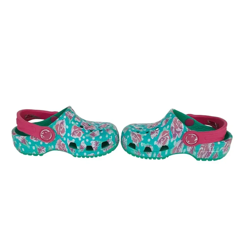Crocs Clogs Girls 6 Rose Floral Polka Dot Blue Water Shoe Slip On Outdoor Hiking